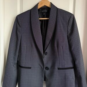 Kasper Petite Blazer 14P Charcoal Checkered Tailored Work Jacket Black Trim NWOT